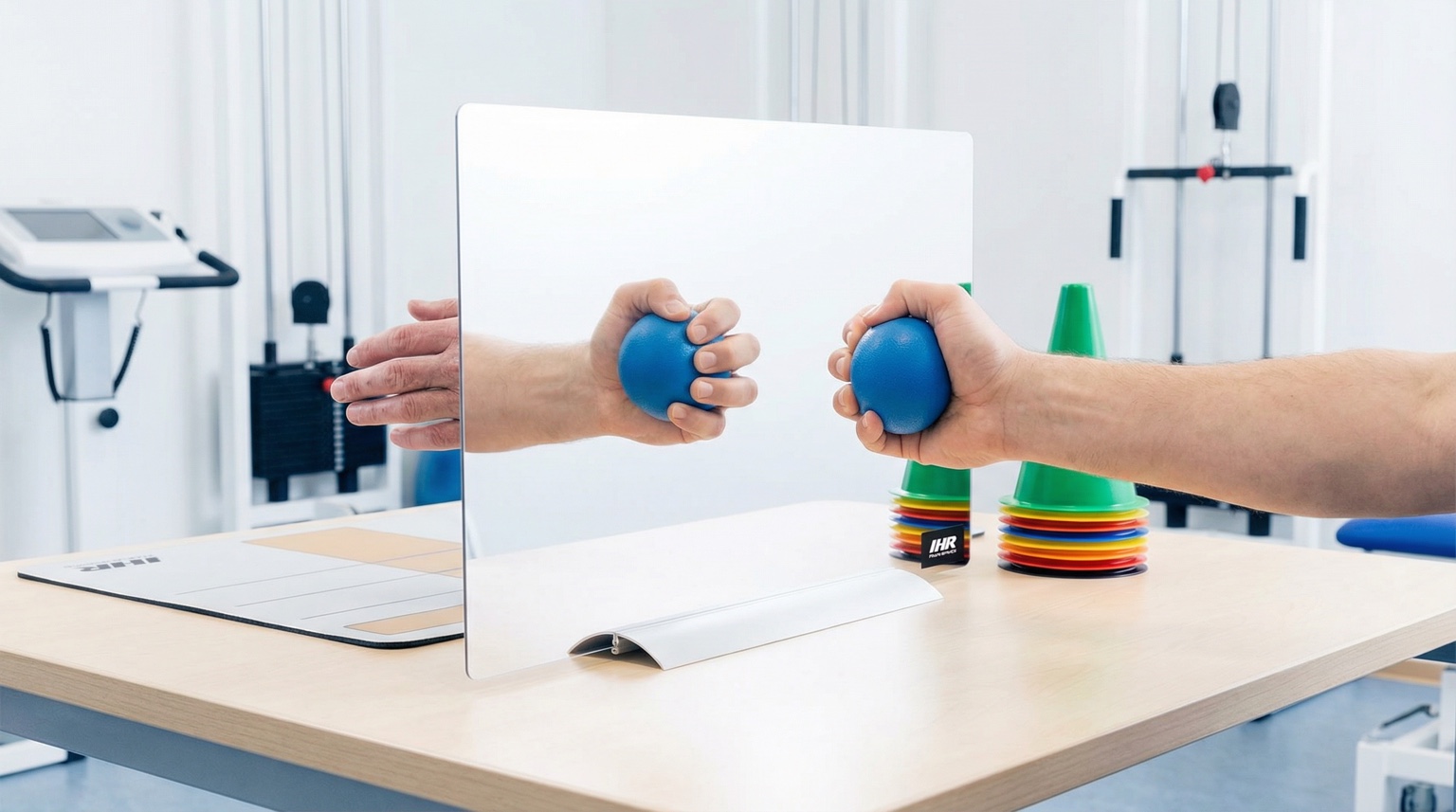 Therapiespiegel in der Praxis mit blauem Trainingsball