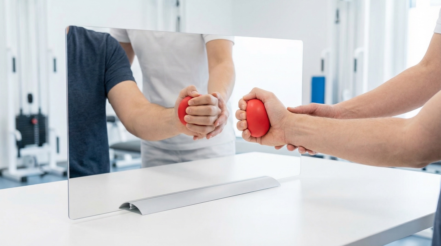 Therapiespiegel bei einer Handübung mit rotem Trainingsball